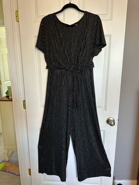Dress Barn Black Metallic-Striped Jumpsuit with Tie Waist